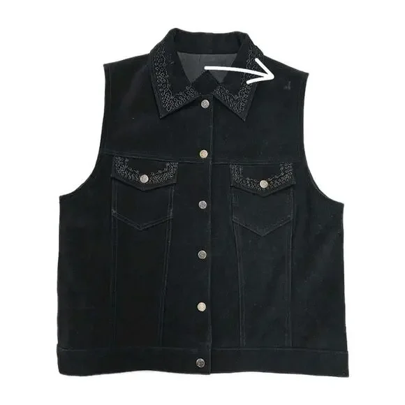 Vintage Shaver Lake Black Suede Embroidered Western Vest Medium Boho Whimsigoth - Picture 8 of 8